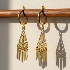 14K Solid Yellow Gold Filigree Triangle Swaying Fringe Drop Earrings - Handmade