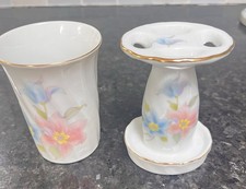 Vintage Japan Porcelain Floral Bathroom Set Toothbrush Holder Tumbler Cup