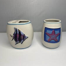 Coastal Bathroom Accessory Set Ceramic Toothbrush Holder  Tumbler Fish Starfish