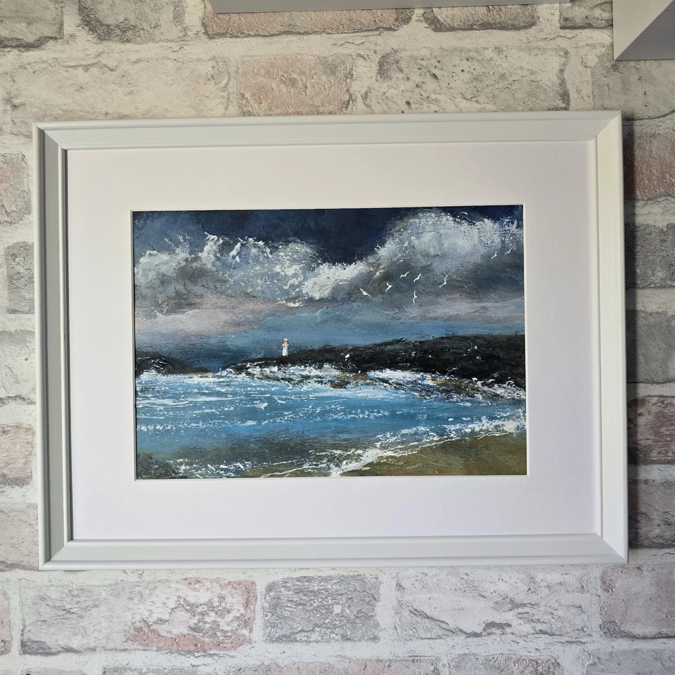 Original Acrylic Painting Coastal Landscape Lighthouse Seagulls Framed - Image 4 of 4