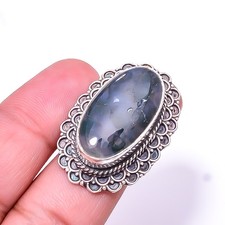 Moss Agate Fine Art Oxidised 925 Sterling Silver Ring S.7 R5128915, Christmas