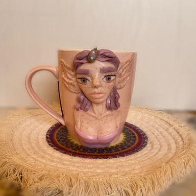 OOAK Handmade 3D Polymer Clay Fairy Mug Unique Mythical Creature Fantasy Art Cup