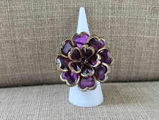 Purple Flower Ring Statement Big Face Fashion Jewelry Gold Tone Ring Adjustable