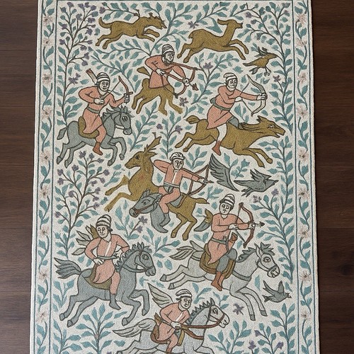 Kashmiri Embroidered Wall Hanging – Horseback Hunt Scene – Chain Stitch Tapestry