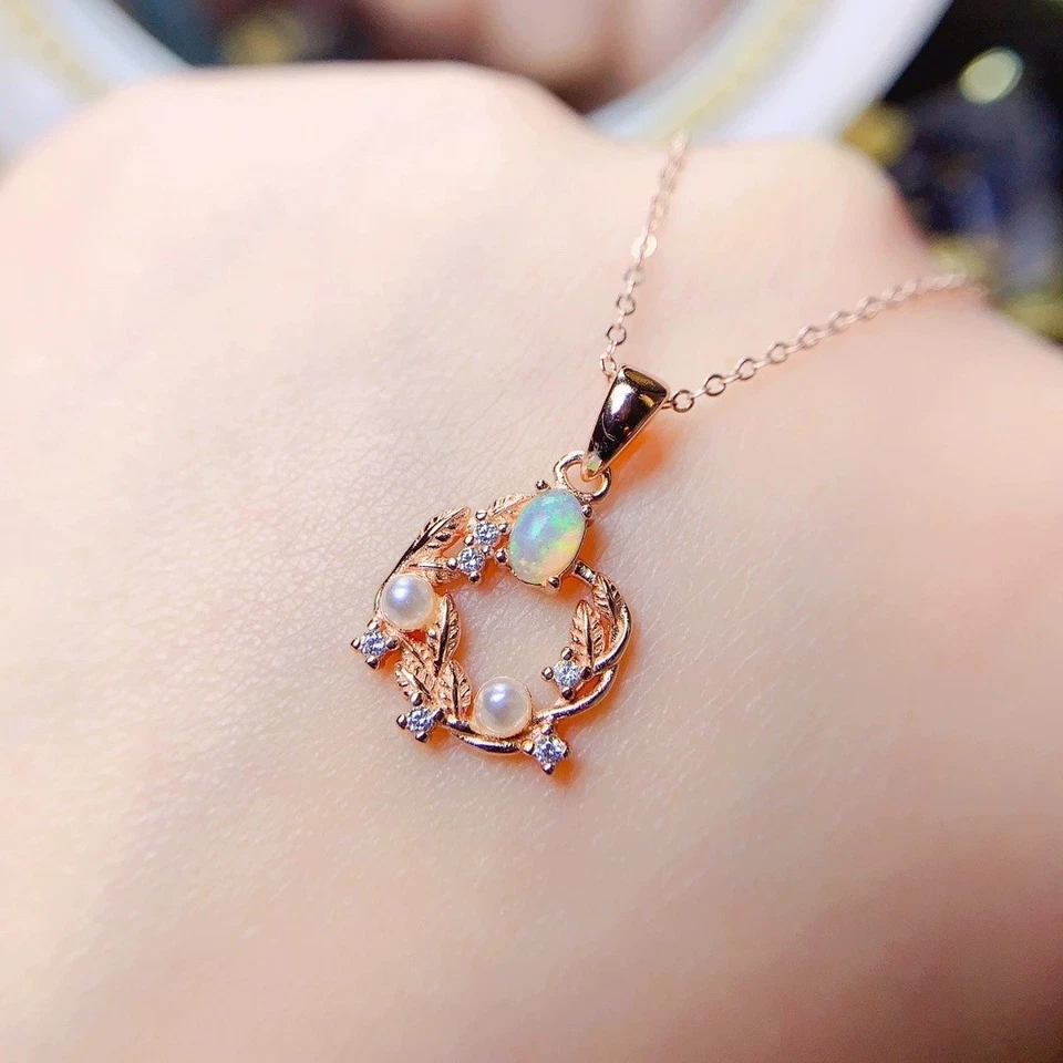 Elegant Leaf Design Natural Fire Opal Necklace 925 Sterling Silver Pendant - Image 2 of 4