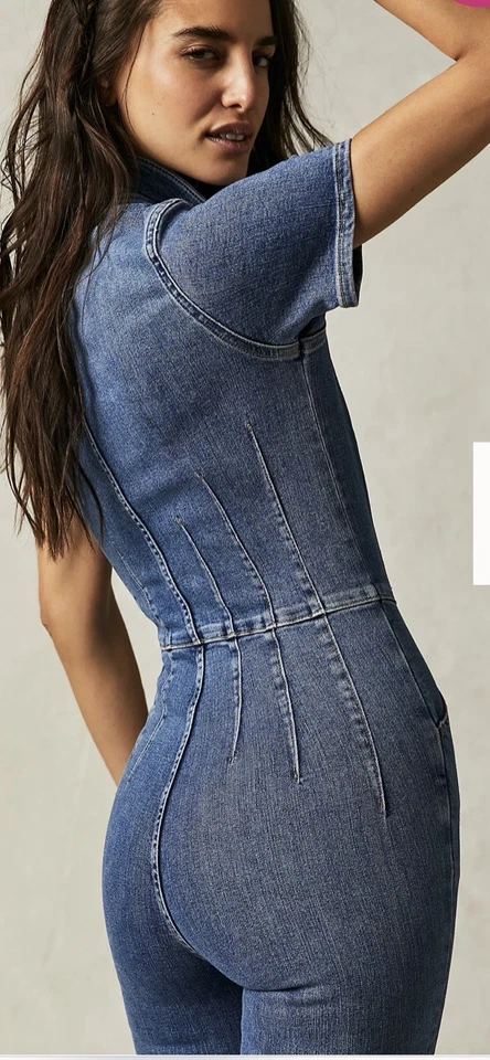 Macacão jeans We The Free People Jayde flare azul sunburst tamanho XL - Imagem 4 de 4