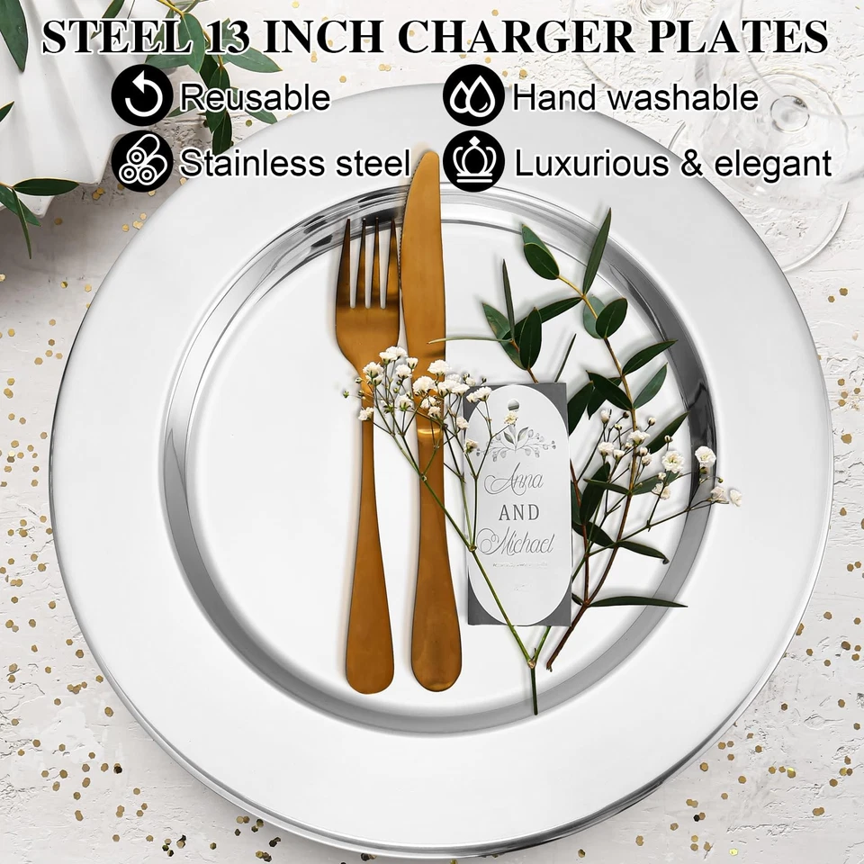 Vesici 12 piezas placas de cargador de acero inoxidable plateadas 13 pulgadas redondo cargador de metal... Foto 4 de 4