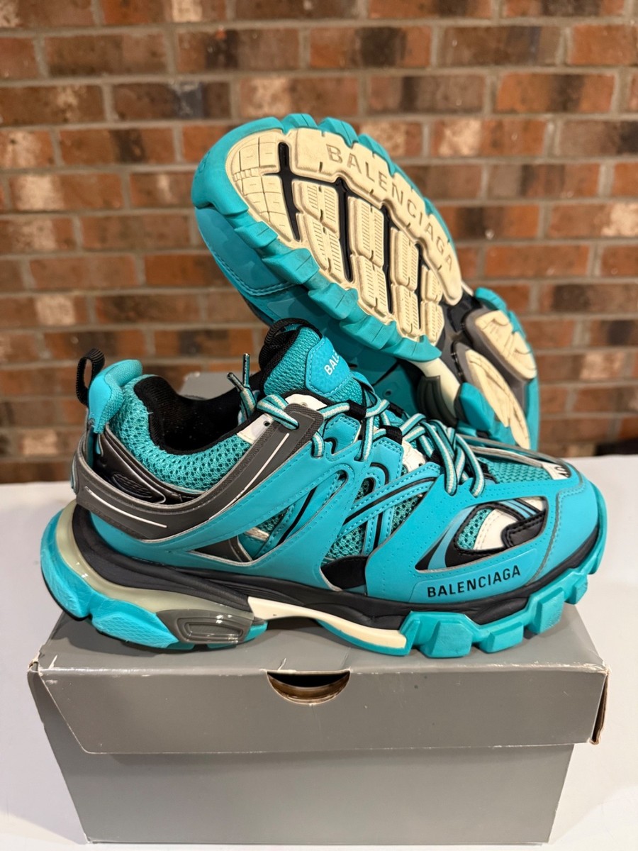 Balenciaga Aqua Blue Leather And Mesh Track Sneakers Size 40 UK 7