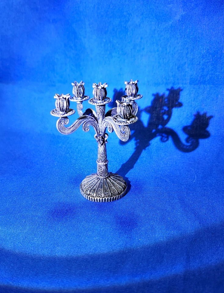 ВИНТАЖНЫЙ ИЗ ЧИСТОГО СЕРЕБРА 5 КАНДЕЛЯБР 3 «ВЫСОКИЙ 30G НАТУРАЛЬНАЯ ПАТИНА сделано в Португалии - Изображение 2 из 4