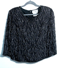 Papell Boutique Evening Women's Dark Gray Beaded Top 3/4 Sleeve Round Neck Sz 12