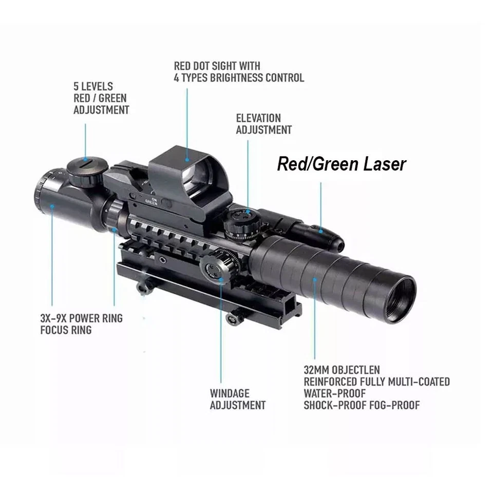 Mira para rifle 3-9X32 EG telémetro doble + mira de punto rojo verde + láser rojo/verde EE. UU. Foto 2 de 4