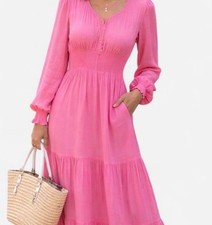 SHEIN Pink Maxi Dress V-Neck Button Lace Smocked Long Puff Sleeve Size M