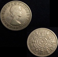 GREAT BRITAIN, ELIZABETH II, TWO SHILLINGS 1957, GVF.