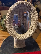Wicker Mirror Tabletop Makeup Vanity Dresser Shaving Swivel 17" Shabby Vintage