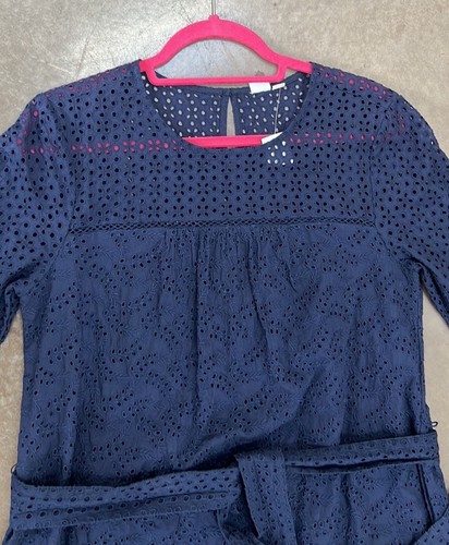 GAP Navy Blue All Over Eyelet Long Sleeve Waist Tie Shift Dress Med. Cotton NEW - Picture 4 of 9