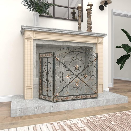 3 Panel Iron Fireplace Mesh Screen Antique Scroll Metal Fleur De Lis Traditional - Picture 8 of 12