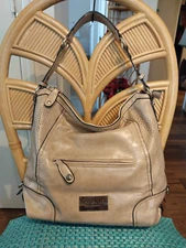 Andrew Marc New York Large Tan Glazed Faux Leather Hobo Classic Shoulder Bag