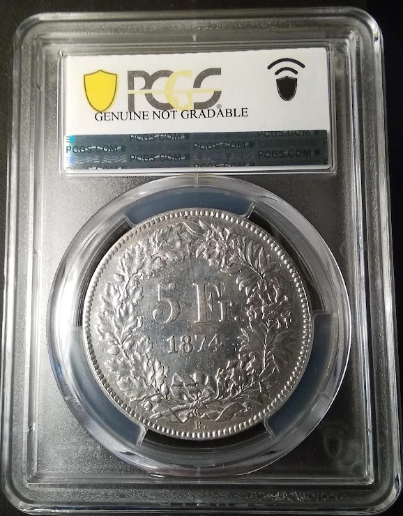 :1874-B 5 FRANCS SWITZERLAND TRADE DOLLAR SEATED HELVETIA PCGS AU DETAILS  - Image 2 of 4