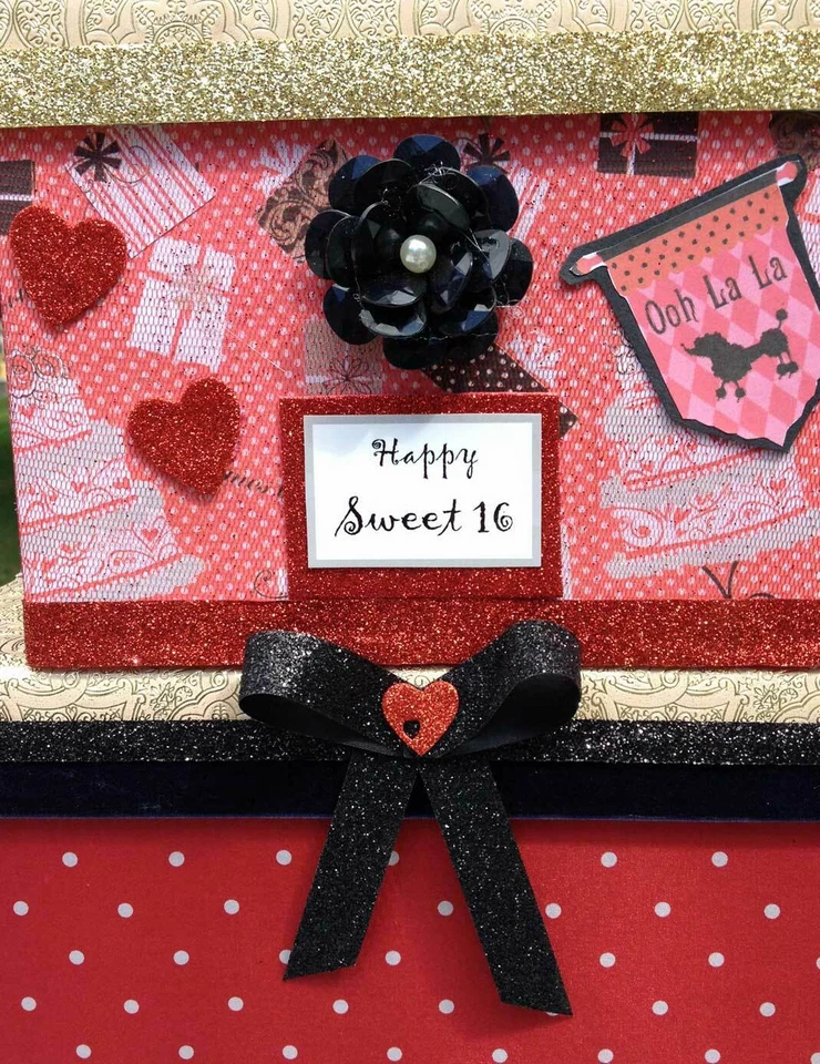 Paris Party 卡盒,Sweet 16,Quinceanera,红色,黑色,2 层,卡盒带插槽 — 第 4/4 张图片
