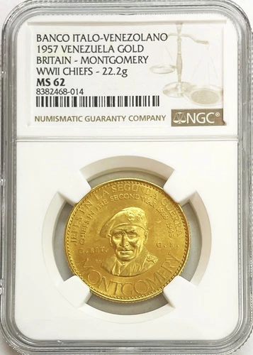 1957 GOLD GREAT BRITAIN MONTGOMERY CHIEFS WWII 22.2 GRAM VENEZUELA NGC MS 62