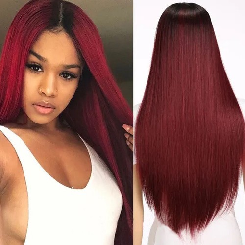 70cm Long Straight Ombre Wig Black Burgundy Red Synthetic Hair Fashion Costplay - Photo 1 sur 6