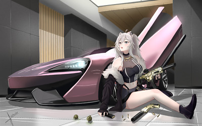 Anime girls 2d car with guns gun grenades hololive playmat gaming mat