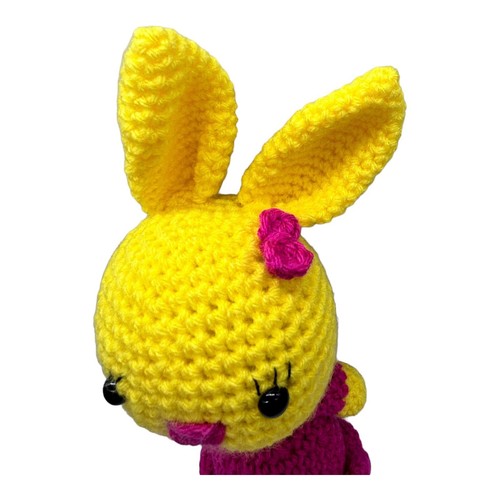 "Vestido y lazo de ganchillo rosa conejo amarillo hecho a mano y ganchillo Pascua 13""" - Imagen 3 de 10