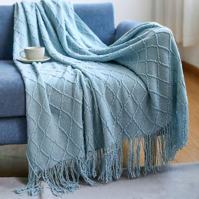 Blue Knitted Throw Blanket Rug Sofa Bed Couch Winter Fringe Soft