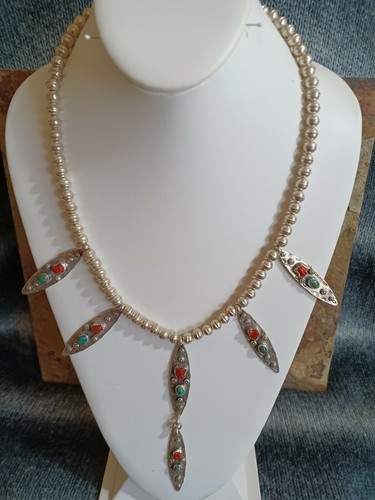 COLLIER VINTAGE SUD-OUEST, TURQUOISE ET CORAIL ARGENT STERLING - Photo 1 sur 3