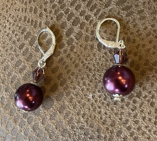 12mm ROUND BURGUNDY BERRY FAUX PEARL CRYSTAL DROP 925 SILVER LEVER BACK EARRINGS - Picture 4 of 12