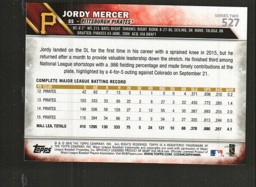 Topps Rainbow Foil #527 2016 - Jordy Mercer - Pittsburgh Pirates 16-950 - Imagen 2 de 2