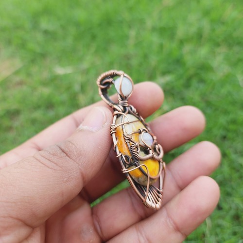 Bumblebee Jasper Moonstone Ethnic Handmade Wire Wrapped Evil Eye Pendant Jewelry - Picture 3 of 5