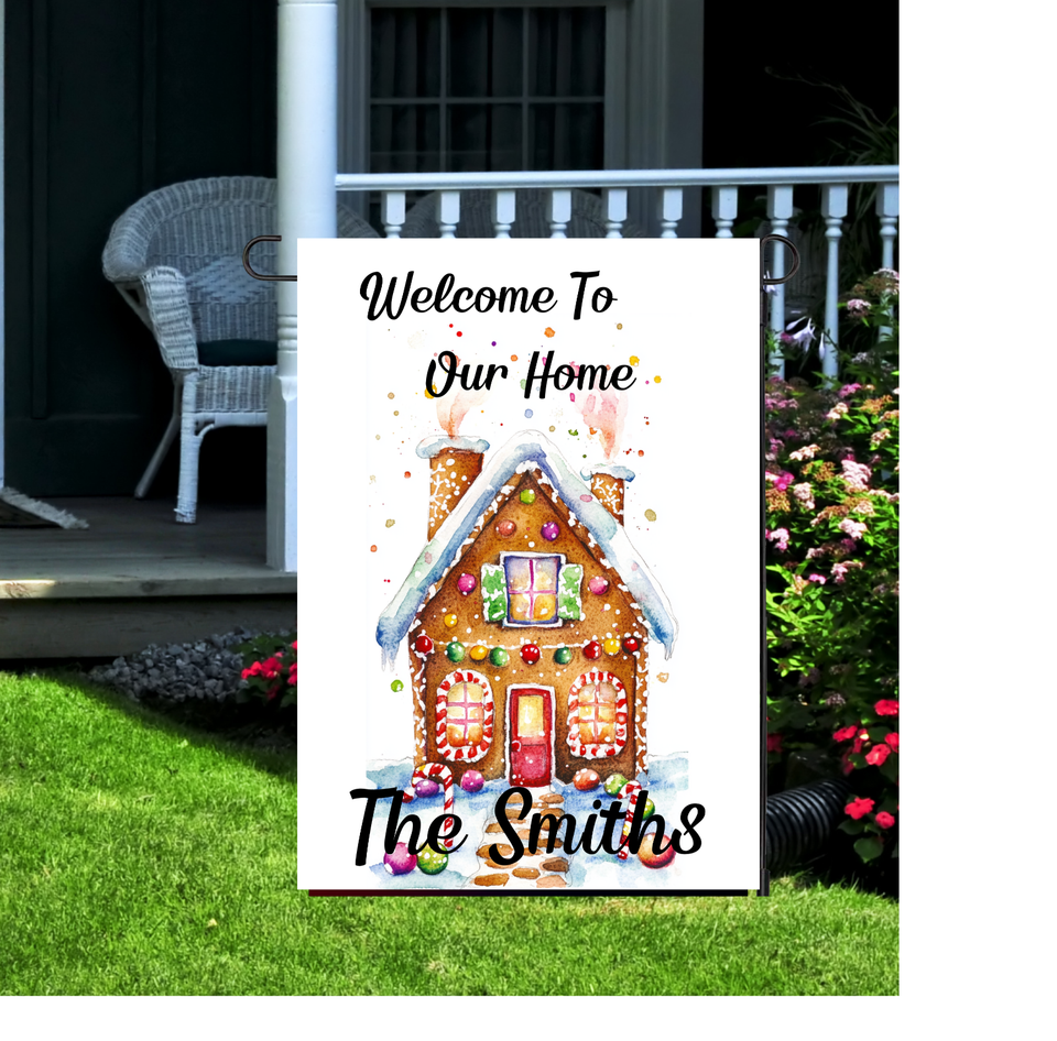 Personalized Gingerbread House Garden Flag to Our Home