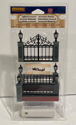 Lemax Lighted Wrought Iron 5 Pc Fence Set Village Train Christmas-NEW