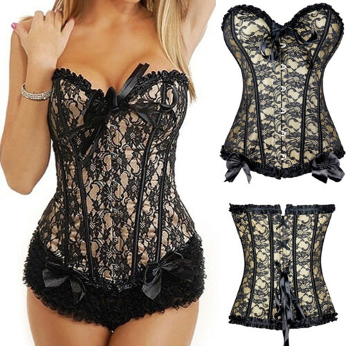Women Lace-Up Boned Bustier Corset Overbust Burlesque Top Lingerie Waist Cincher - Picture 12 of 34