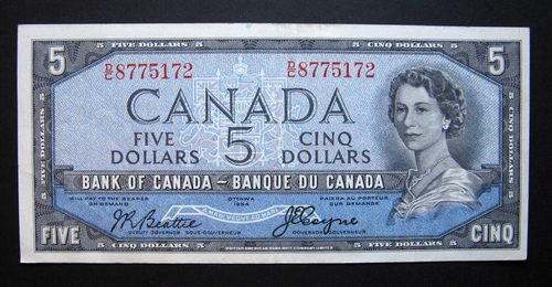 1954, $5 Dollars Bank of Canada, Beattie - Coyne, Devil's Face, DC Prefix