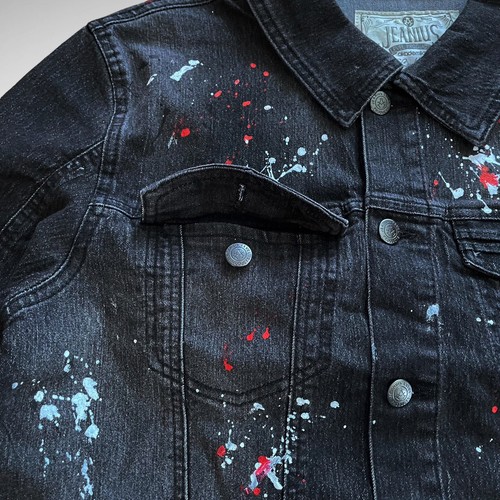 NWT Men’s Jeanius Akademiks Graphite Paint Splatter Jean Jacket, Size L - Picture 9 of 15