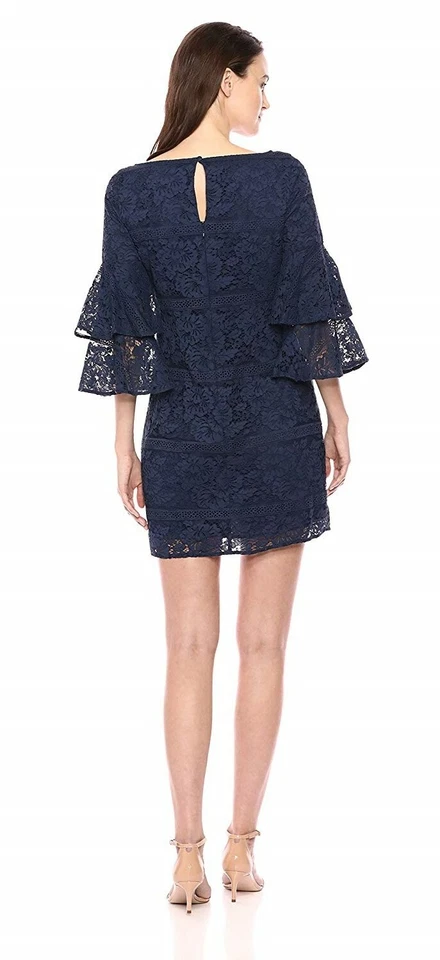 Eliza J 161404 Women's Lace Bell Sleeve Shift Dress Cotton Blend Navy Sz. 2 - Image 3 of 3
