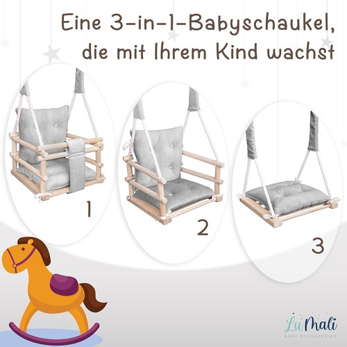 Holz Babyschaukel Indoor 3in1 – Kinderschaukel mit Kissen und Sicherheitsgurt - Bild 10 von 57