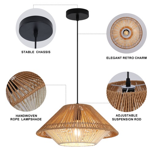 Adjustable Rattan Pendant Lights Boho Ceiling Lamp E27 for Dining Room Kitchen - Picture 7 of 15