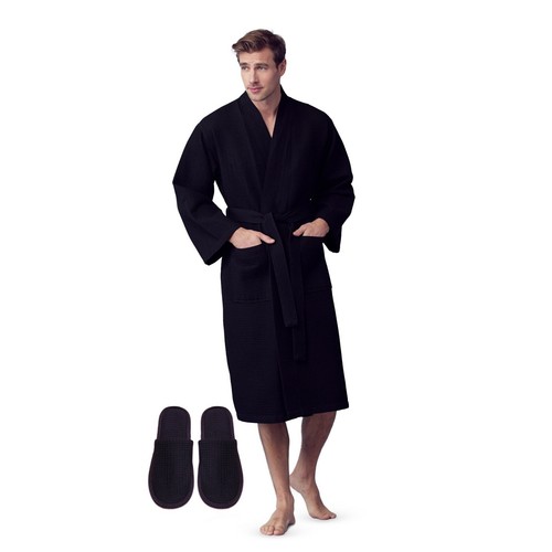 Bata de baño Lotus de lino para hombre con patrón cuadrado de gofres ropa de spa con 2 bolsillos delanteros - Imagen 4 de 95