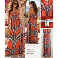 2010s Boho Strapless Maxi Dress Orange M Geometric Print Charlotte Russe Resort