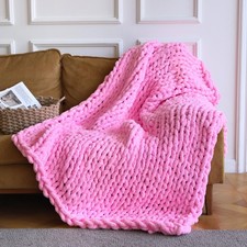 Pink Chunky Knit Throw Blanket, Soft Pink Throw Blanket Hand Knit Throw Blank...