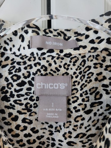 Chicos No Iron Linen Sleeveless Tunic 1 M 8 10 Black Tan Leopard Print Button Up - Picture 3 of 11