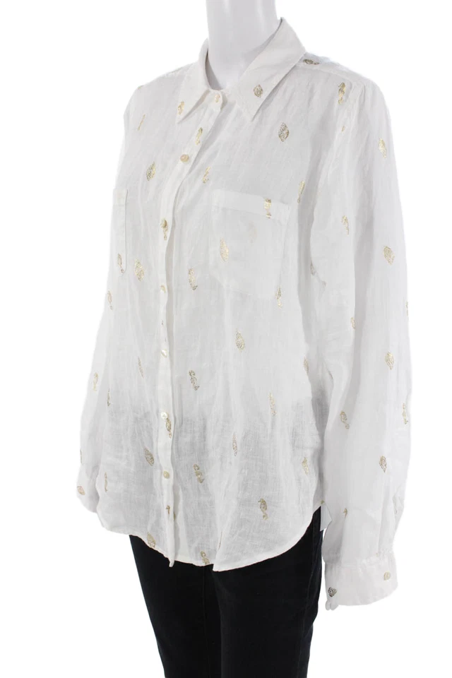 Camisa Lilly Pulitzer para mujer de lino concha marina abotonada blanca dorada talla mediana Foto 3 de 4
