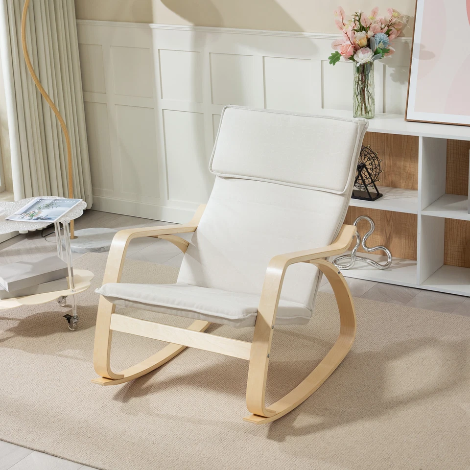Recliner Chair Cream White Linen Foam 67x92x89cm High Back Rocking Ergonomic Sit - Image 3 of 4