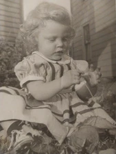 Cute Baby Girl Toddler Blonde Curly Hair Playing With A Toy, Vintage Photo