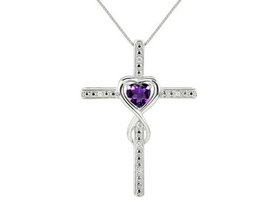 RYLOS Heart Gemstone & Diamond Cross Necklace, 6MM Birthstone, Sterling Silver