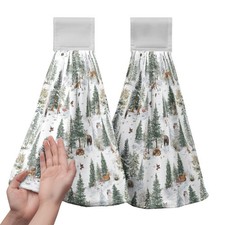 2 PCS Winter Animals Forest Kitchen Towel Loops Xmas Holiday Hand Tie Cloth