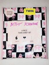 Betsey Johnson 4 Piece Twin Sheet Set, Bow Halloween Check Pink with Pillowcases